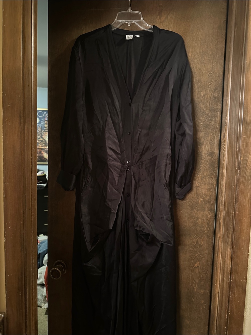 Toteme Slouch Crepe Satin Button-Front Long Sleeve Shirt Dress - Black - Picture 3 of 5